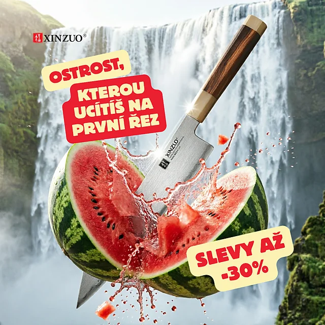 Pop-out vizuál pro YouTube — nůž a meloun ve vysokém kontrastu s výraznými slevovými štítky
