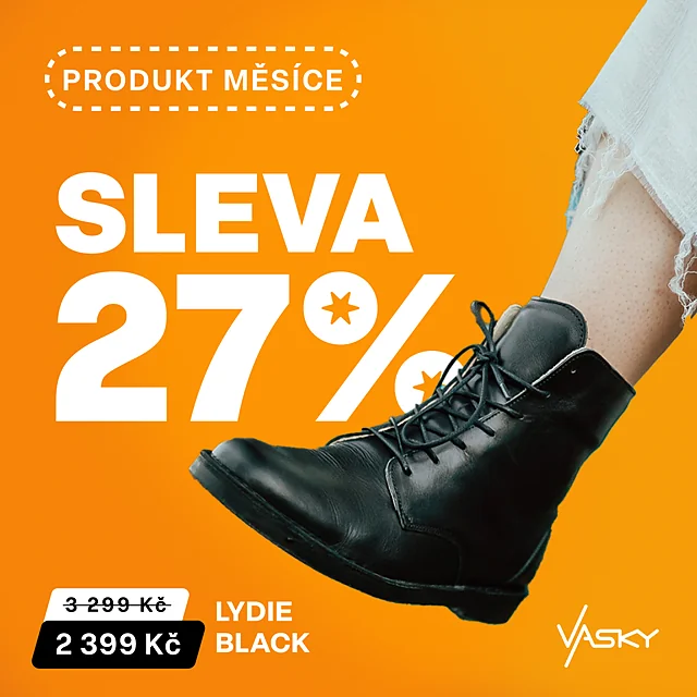 Pop-out vizuál pro YouTube — černá bota na zářivě oranžovém pozadí se slevou 27 %