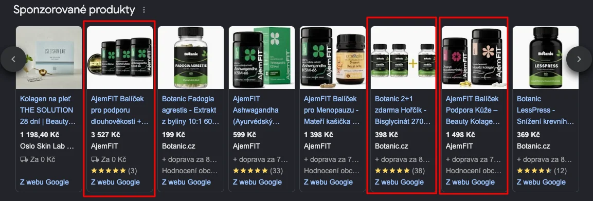 Google Shopping výsledky — balíčky a nabídky 2+1 zdarma vizuálně vyčnívají mezi samostatnými produkty