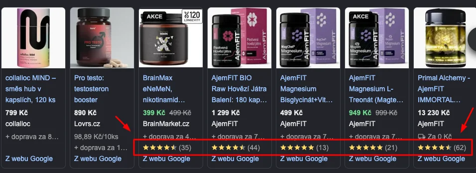 Google Shopping výsledky — produkty s hvězdičkami recenzí přitahují pozornost oproti produktům bez hodnocení